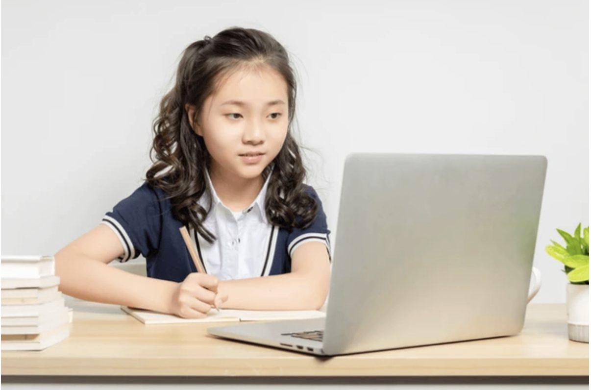 Student focused on learning activities on laptop