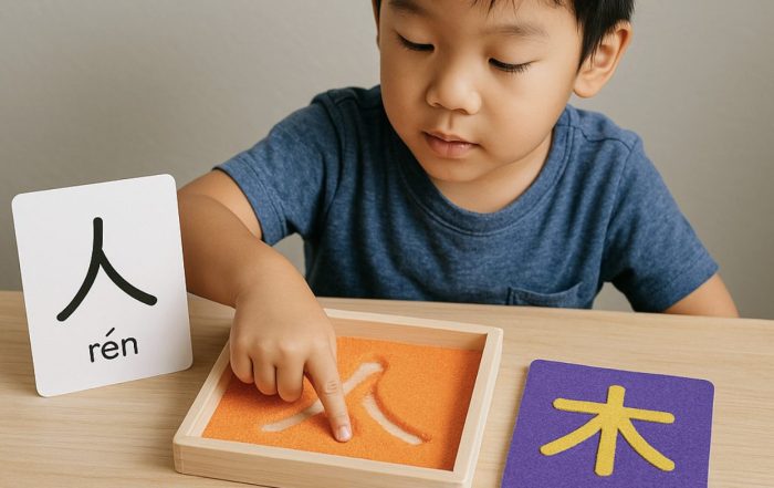 Young learner practicing Chinese characters with learning blocks